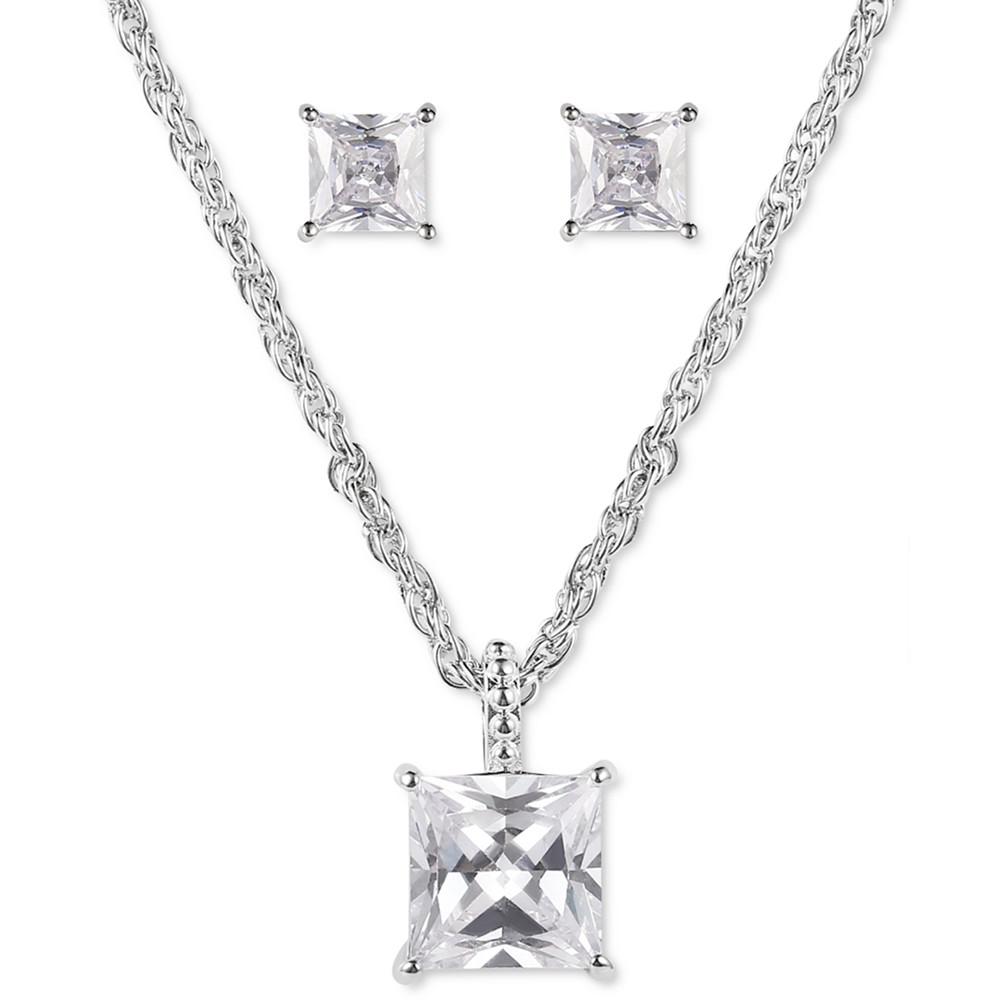 Silver-Tone Square Crystal Pendant Necklace & Stud Earrings Set, Created for Macy's商品第1张图片规格展示