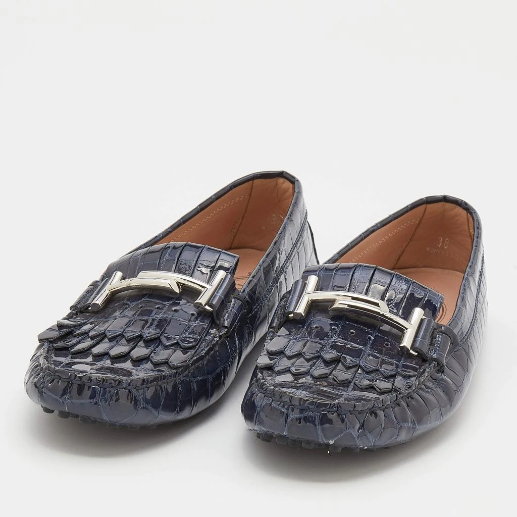 商品[二手商品] Tod's|Tod's Oxford Blue Croc Embossed Patent Leather Double T Slip On Loafers Size 38,价格¥1281,第2张图片详细描述