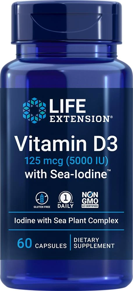 商品Life Extension|Life Extension Vitamin D3 with Sea-Iodine™, 5000 IU, 60 - 125 mcg (125 mcg (5000 IU), 60 capsules),价格¥77,第1张图片