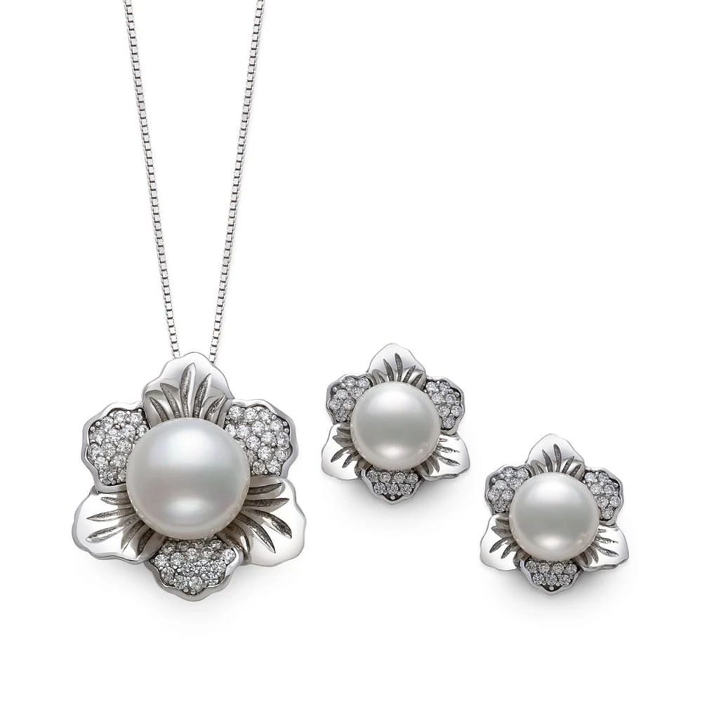 商品Belle de Mer|2-Pc. Set Cultured Freshwater Pearl (7 & 10mm) & Cubic Zirconia Flower Pendant Necklace & Matching Stud Earrings in Sterling Silver,价格¥2477,第4张图片详细描述