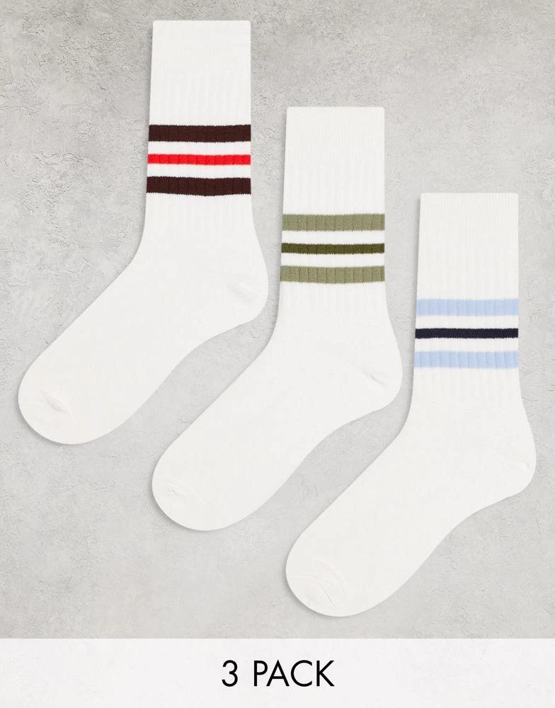 商品ASOS|ASOS DESIGN 3 pack ribbed crew socks in ecru with coloured stripes,价格¥116,第1张图片