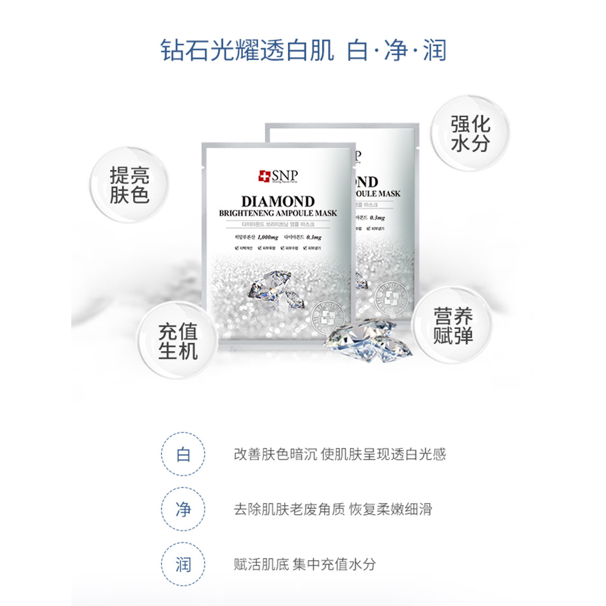 韩国SNP钻石亮白安瓶面膜女补水保湿深层净白滋养肌肤10片商品第2张图片规格展示