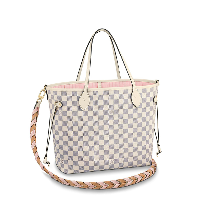 预售10天 Louis Vuitton/路易威登 22春夏新款NEVERFULL系列 女士中号天蓝色棋盘格帆布皮革饰边细节金扣配可拆卸小袋多色编织肩带抽绳开合手提托特包N45295商品第1张图片规格展示