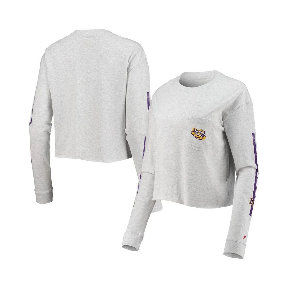 商品League Collegiate Wear|Women's Heathered Gray LSU Tigers Clothesline Cotton Midi Crop Long Sleeve T-shirt,价格¥276,第1张图片