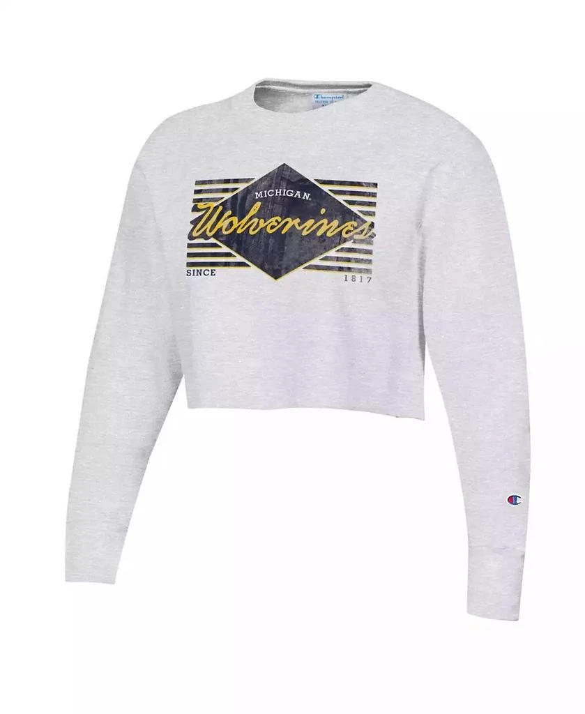 商品CHAMPION|Women's Heather Gray Distressed Michigan Wolverines Reverse Weave Cropped Pullover Sweatshirt,价格¥489,第2张图片详细描述