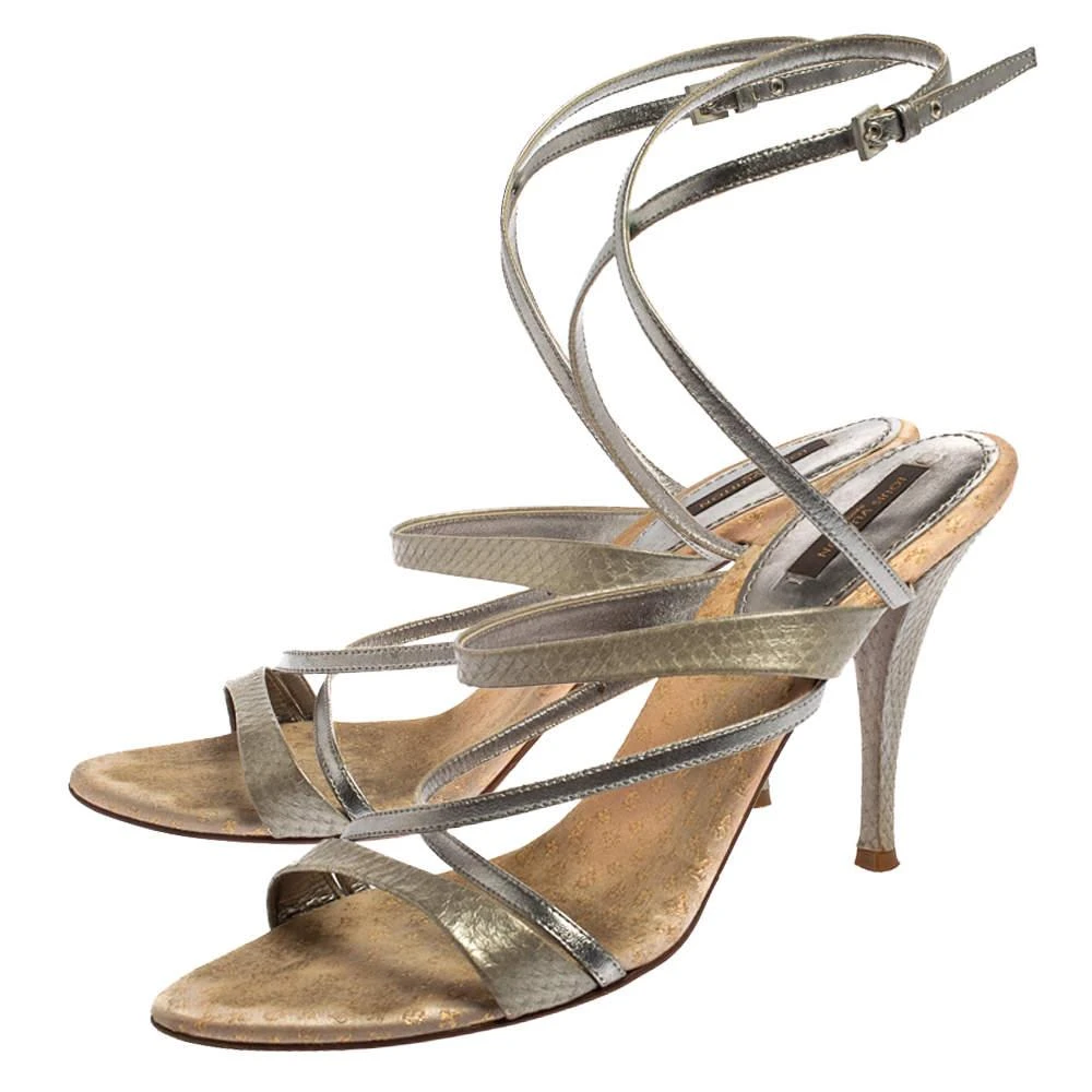 商品[二手商品] Louis Vuitton|Louis Vuitton Grey Python Embossed And Leather Strappy Sandals Size 40,价格¥935,第4张图片详细描述