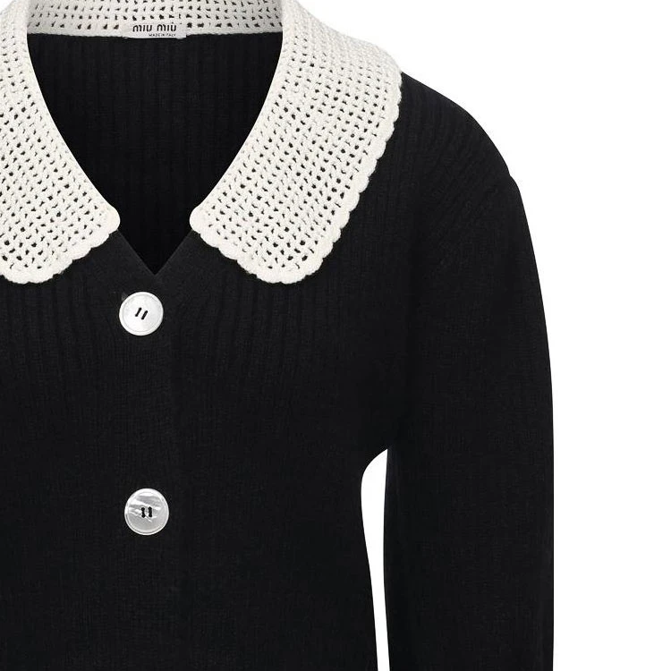 商品[国内直发] Miu Miu|拼色翻领针织短款短袖开衫毛衣 女款 黑色,价格¥4058,第9张图片详细描述
