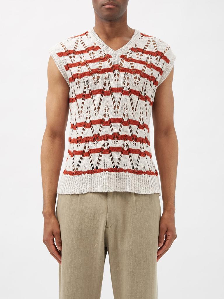 Open-work striped hemp-blend sweater vest商品第1张图片规格展示