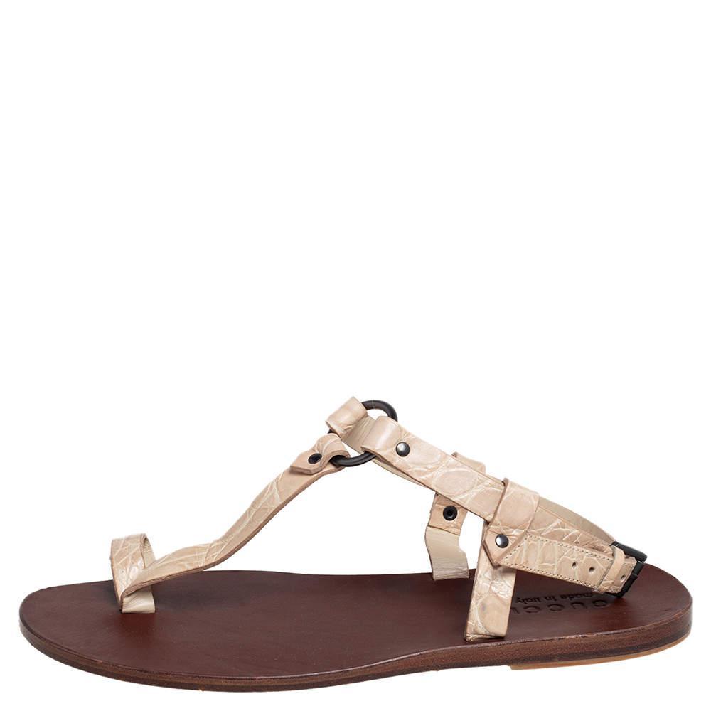 商品[二手商品] Gucci|Gucci Light Cream Crocodile Toe Ring Sling Buckle Flat Sandals Size 41,价格¥1371,第4张图片详细描述