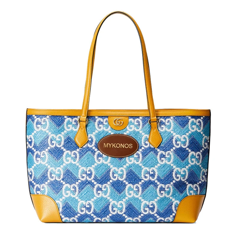 商品Gucci|【包税】GUCCI/古驰 22新款 女士深浅蓝色拼色稻草效果面料配黄色皮革GG老花Mykonos字样刺绣手提包托特包631685UYFAG8834,价格¥13046,第1张图片