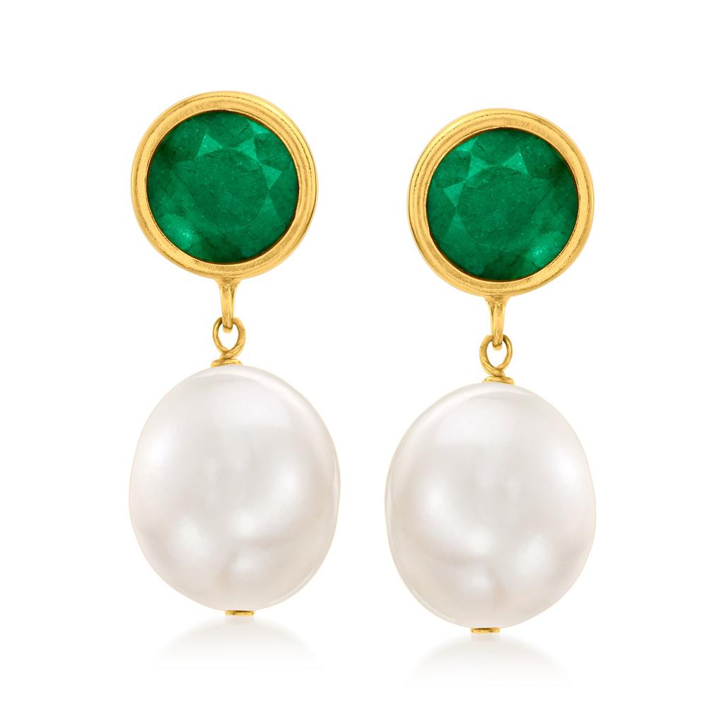 Ross-Simons 9.5-10mm Cultured Pearl and Emerald Drop Earrings in 14kt Yellow Gold商品第1张图片规格展示