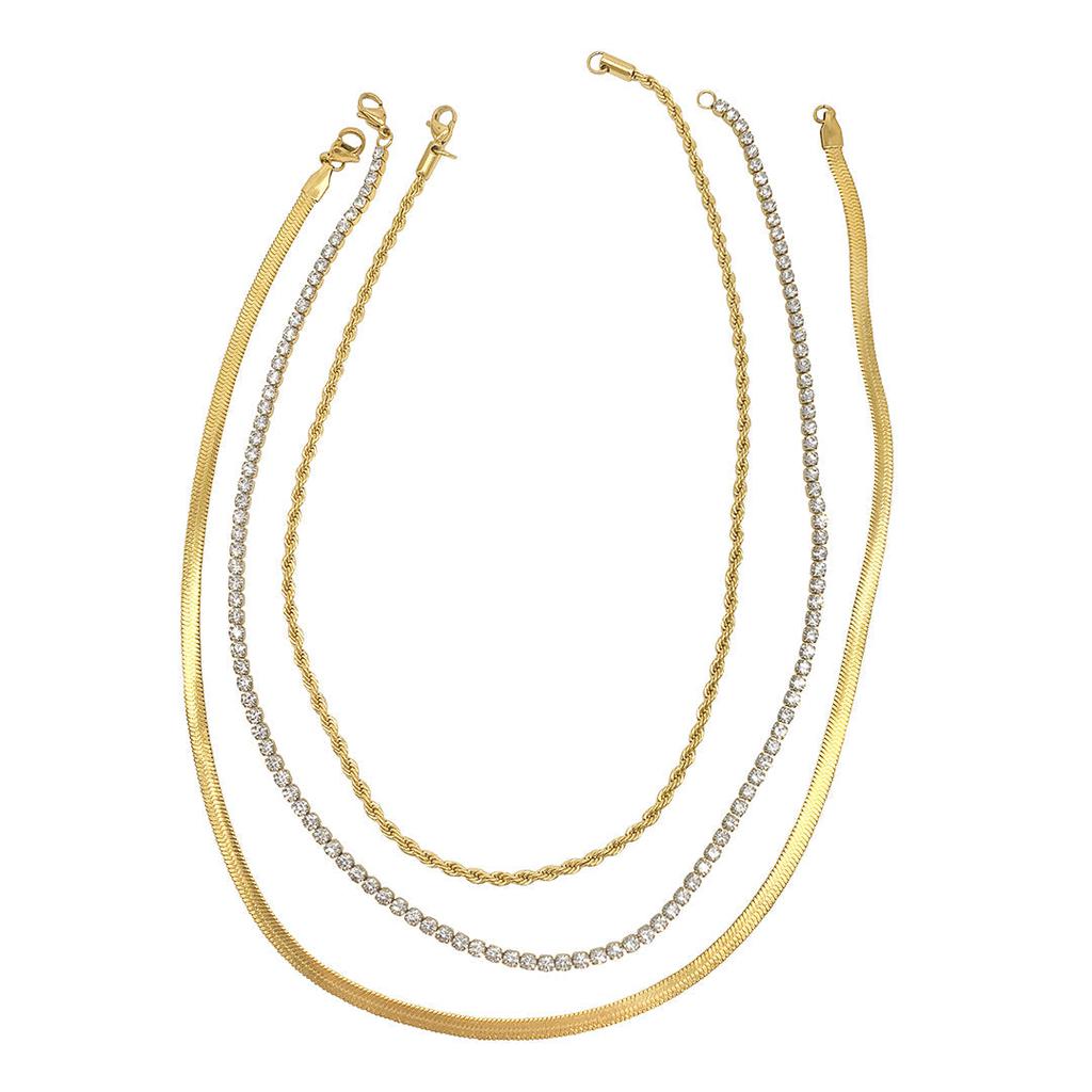 Adornia Herringbone Chain, Rope Chain, and Tennis Necklace Set gold商品第1张图片规格展示