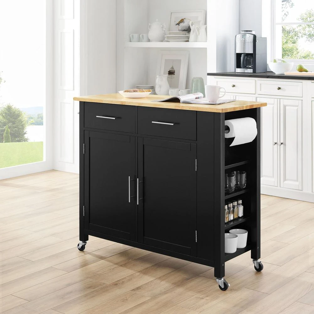 商品Crosley Furniture|Savannah Wood Top Full-Size Kitchen Island/Cart Black/Natural,价格¥2776,第5张图片详细描述