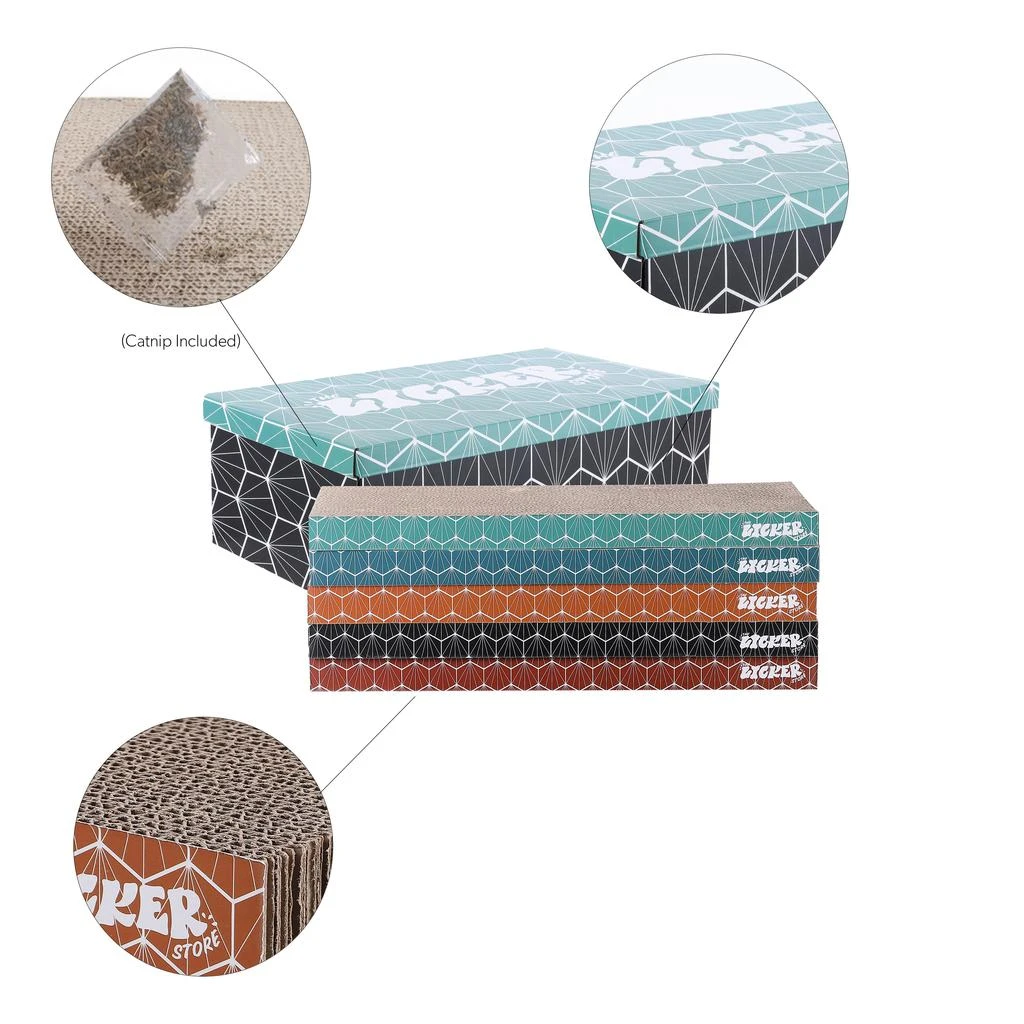 商品THE LICKER STORE|Naomi 17" Modern Cardboard Reversible Cat Scratcher Pad in Box with Catnip, Multi-Colored (5-Pack),价格¥379,第3张图片详细描述