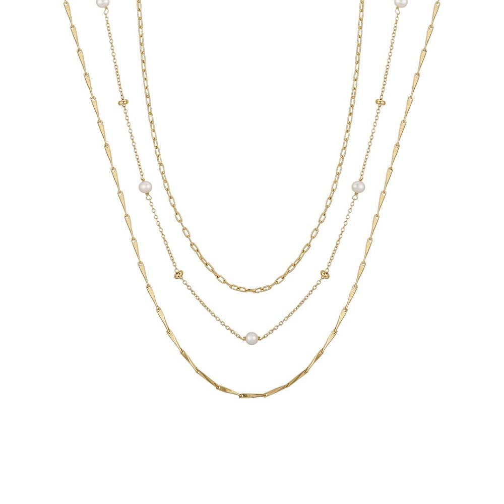 14K Gold Flash Plated Brass Faux Imitation Pearl and Bead Design Chain, 3-Piece Necklace Set商品第1张图片规格展示