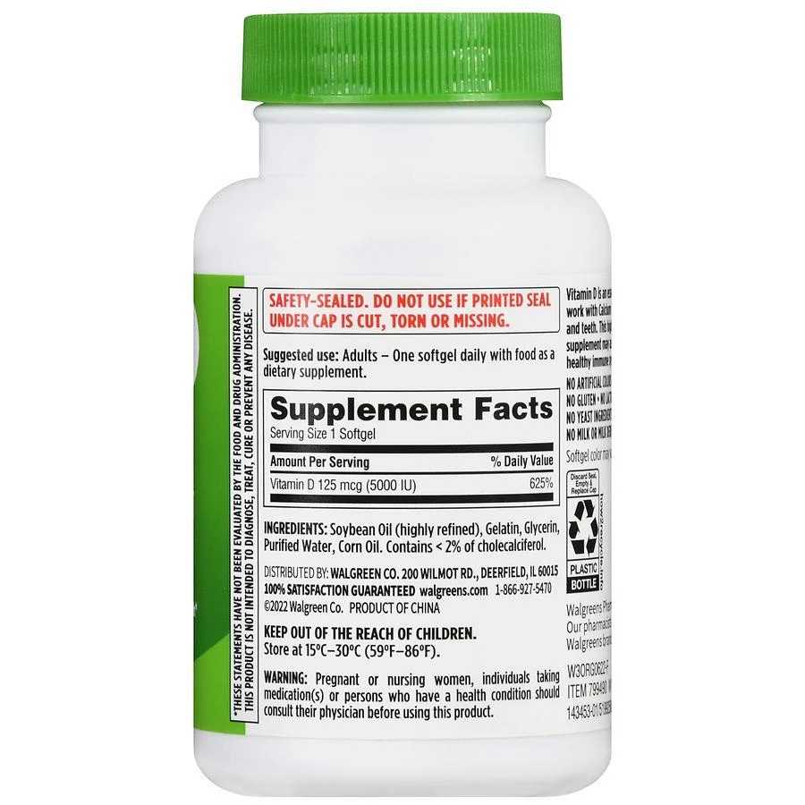 商品Walgreens|Vitamin D3 125 mcg (5000 IU) Softgels (300 days),价格¥252,第3张图片详细描述