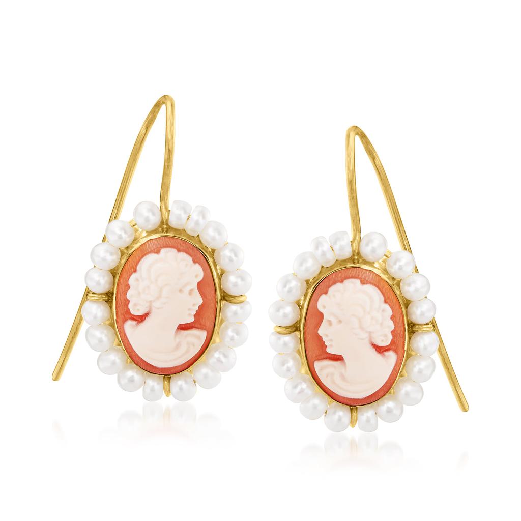 Ross-Simons Italian Orange Shell Cameo Drop Earrings With 2.5-3mm Cultured Pearls in 18kt Gold Over Sterling商品第3张图片规格展示