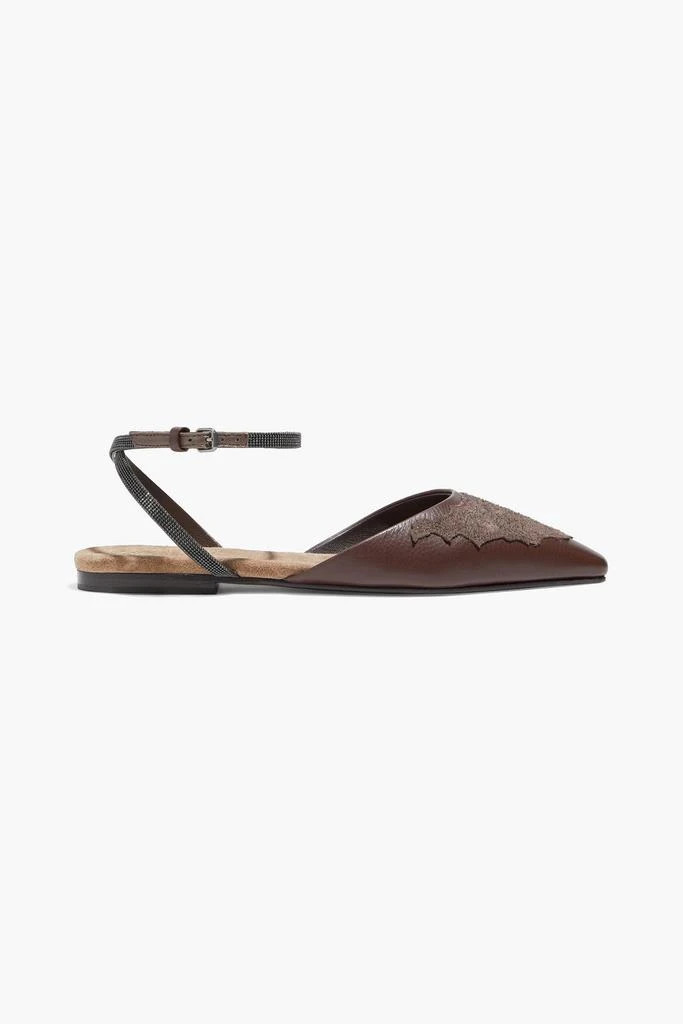 商品Brunello Cucinelli|Suede-appliquéd embellished textured-leather point-toe flats,价格¥1734,第1张图片