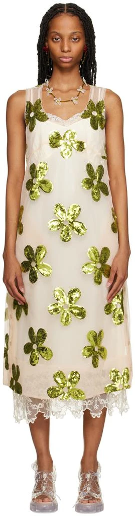 商品Simone Rocha|Beige & Green Floral Midi Dress,价格¥3978,第1张图片