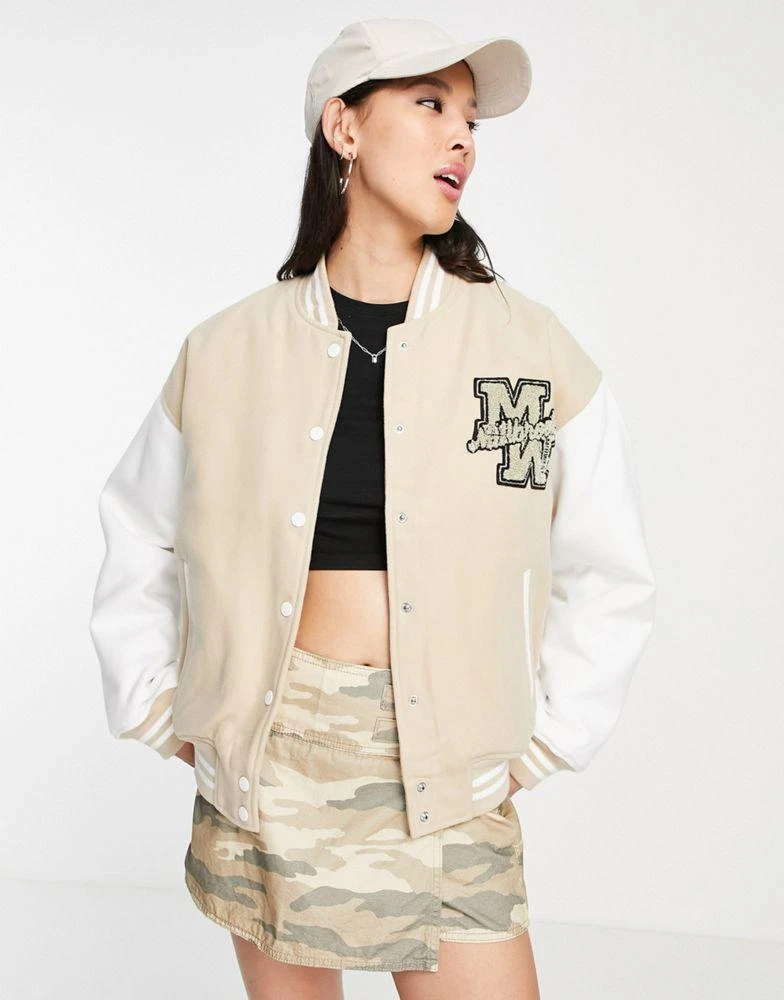 商品Topshop|Topshop varsity bomber jacket in stone,价格¥354,第1张图片