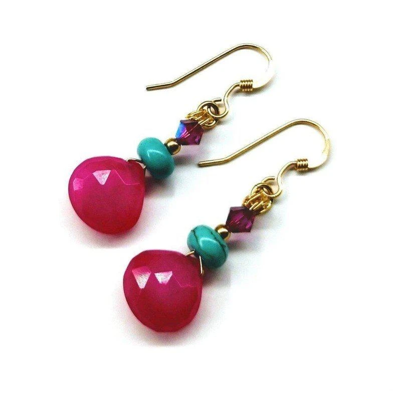 商品Alexa Martha Designs|14 KT Gold Filled Wire Wrapped Pink And Turquoise Drop Gemstone Earrings,价格¥318,第1张图片