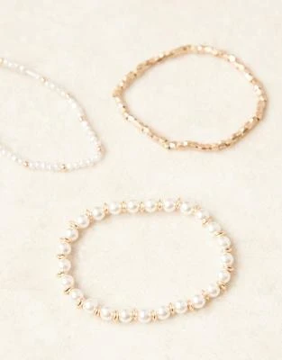 商品ASOS|ASOS DESIGN 3 pack pearl and metal bead bracelets in gold tone,价格¥108,第2张图片详细描述