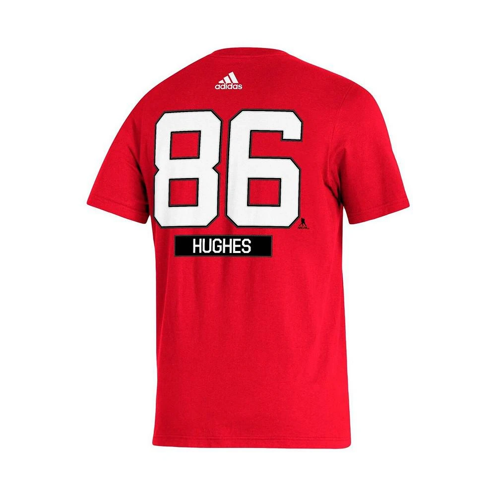 商品Adidas|Men's Jack Hughes Red New Jersey Devils Player Name and Number T-shirt,价格¥188,第3张图片详细描述