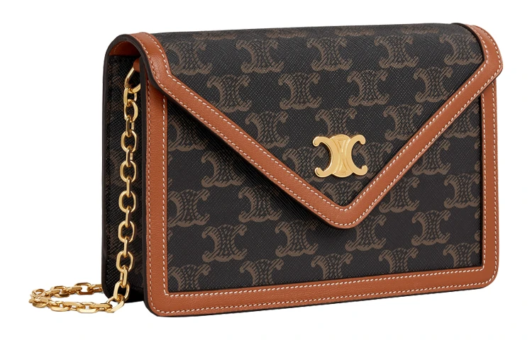 商品[国内直发] Celine|赛琳 Triomphe凯旋门金属标志经典老花满印印花链条 帆布拼羊皮革 钱包单肩包斜挎包 常规 女款 黄褐色,价格¥11621,第3张图片详细描述