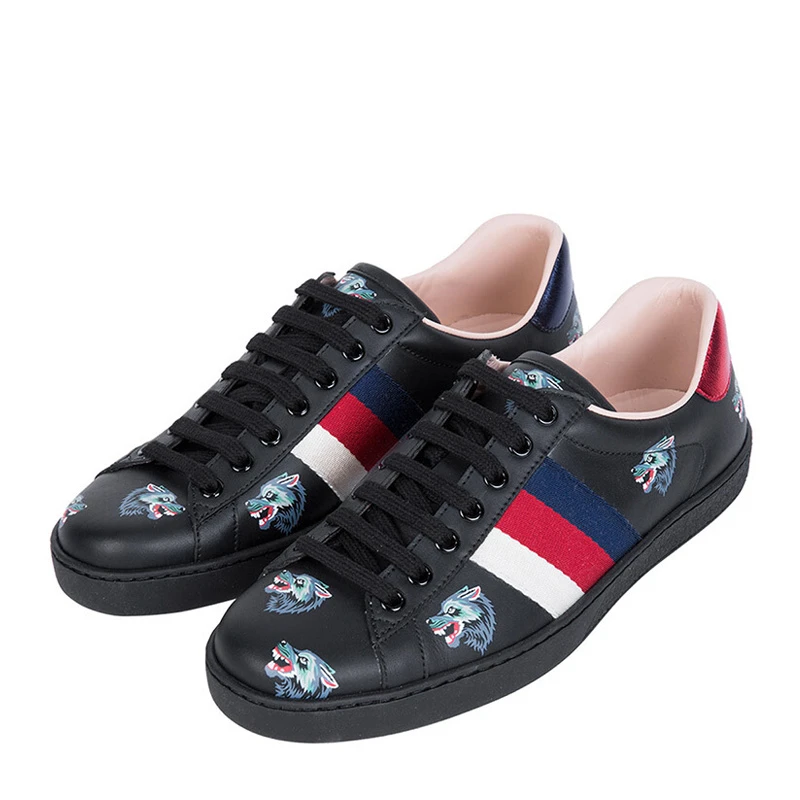 商品Gucci|GUCCI古驰 男士黑色牛皮狼头印花休闲鞋板鞋 386750-0H810-1162,价格¥5186,第1张图片