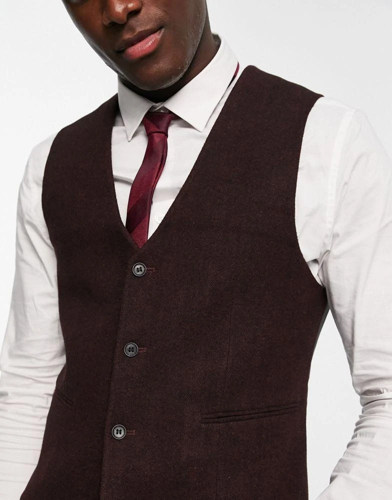 商品ASOS|ASOS DESIGN wedding skinny wool mix suit waistcoat in burgundy herringbone,价格¥155,第2张图片详细描述