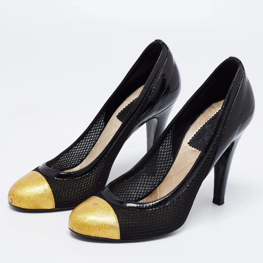 商品[二手商品] Chanel|Chanel Black/Yellow Mesh, Patent and Textured Leather Cap-Toe Pumps Size 39,价格¥1001,第2张图片详细描述