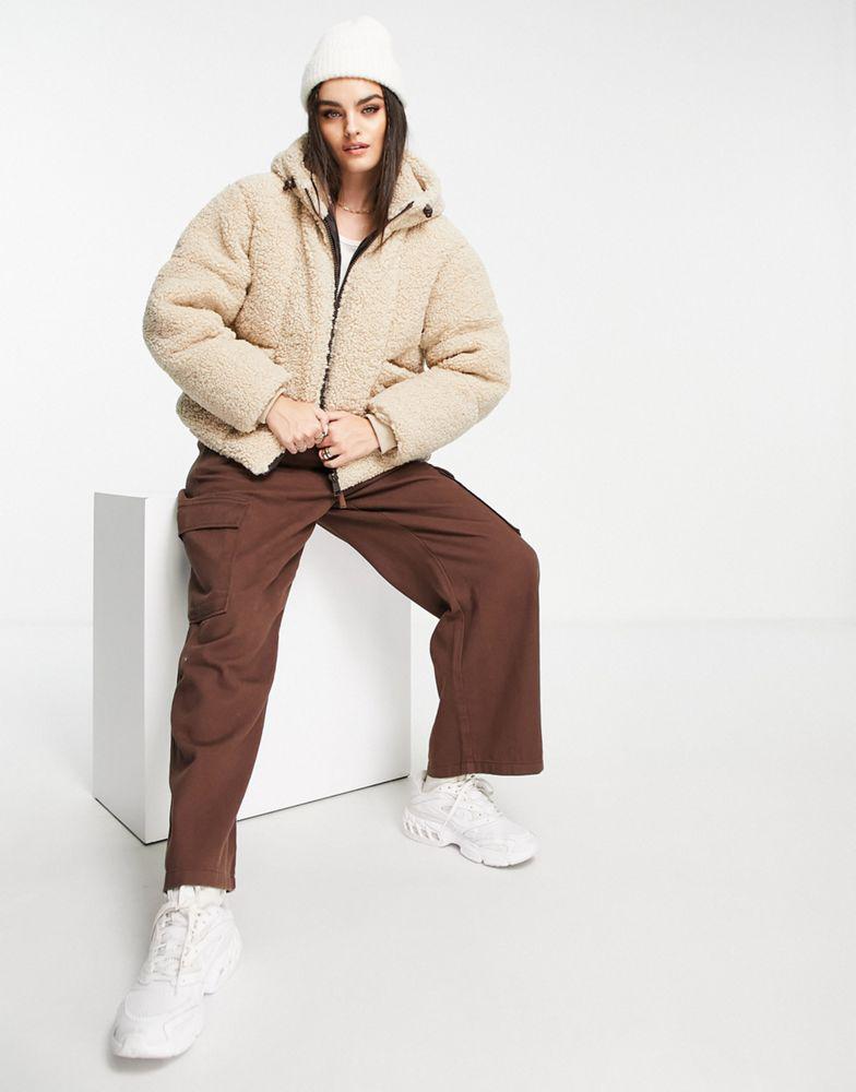 Topshop borg hooded puffer jacket in cream商品第4张图片规格展示