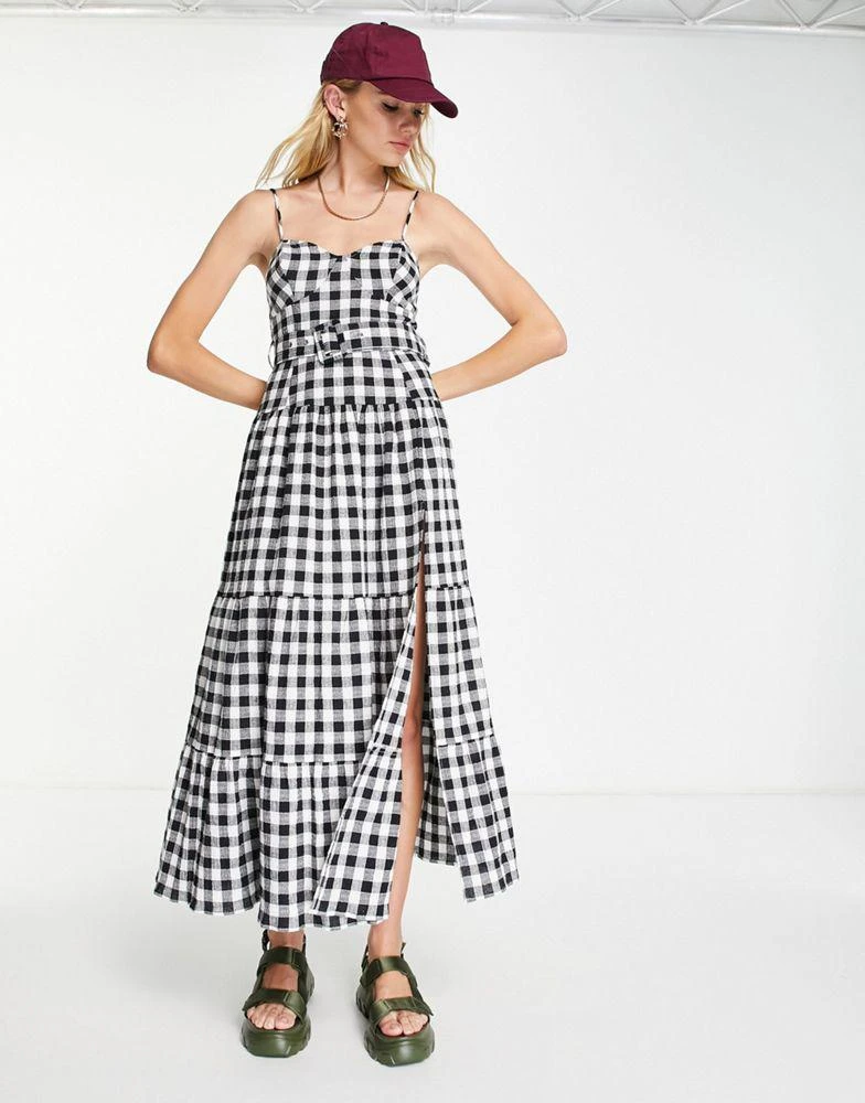 商品ASOS|ASOS DESIGN tiered belted maxi sundress in mono gingham,价格¥219,第3张图片详细描述