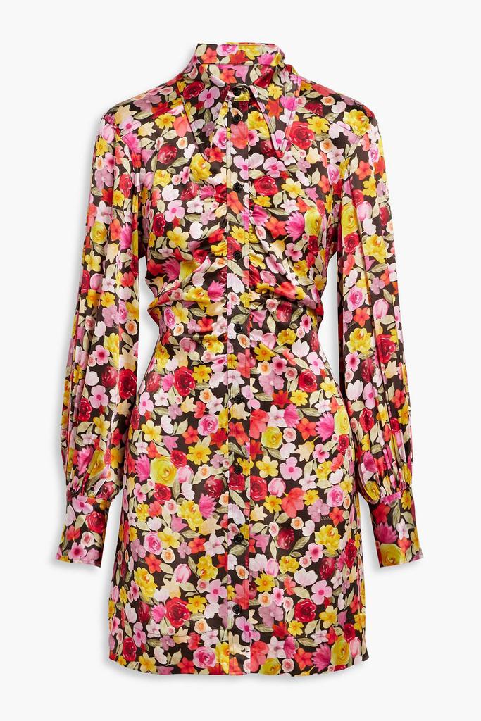 Ruched floral-print organic silk-satin mini shirt dress商品第1张图片规格展示