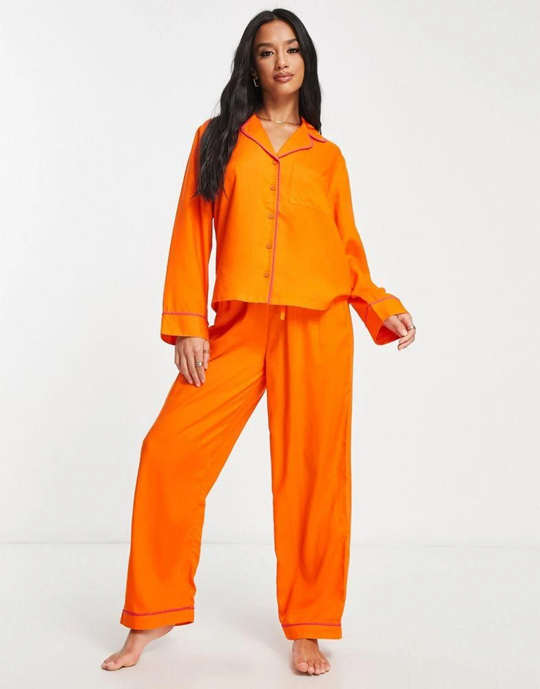 商品ASOS|ASOS DESIGN Petite exclusive modal shirt & trouser pyjama set with contrast piping in orange,价格¥269,第3张图片详细描述