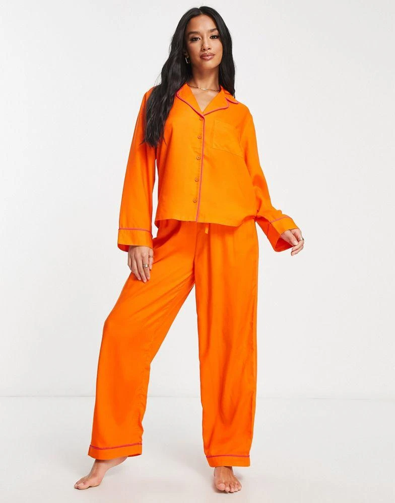 商品ASOS|ASOS DESIGN Petite exclusive modal shirt & trouser pyjama set with contrast piping in orange,价格¥322,第3张图片详细描述