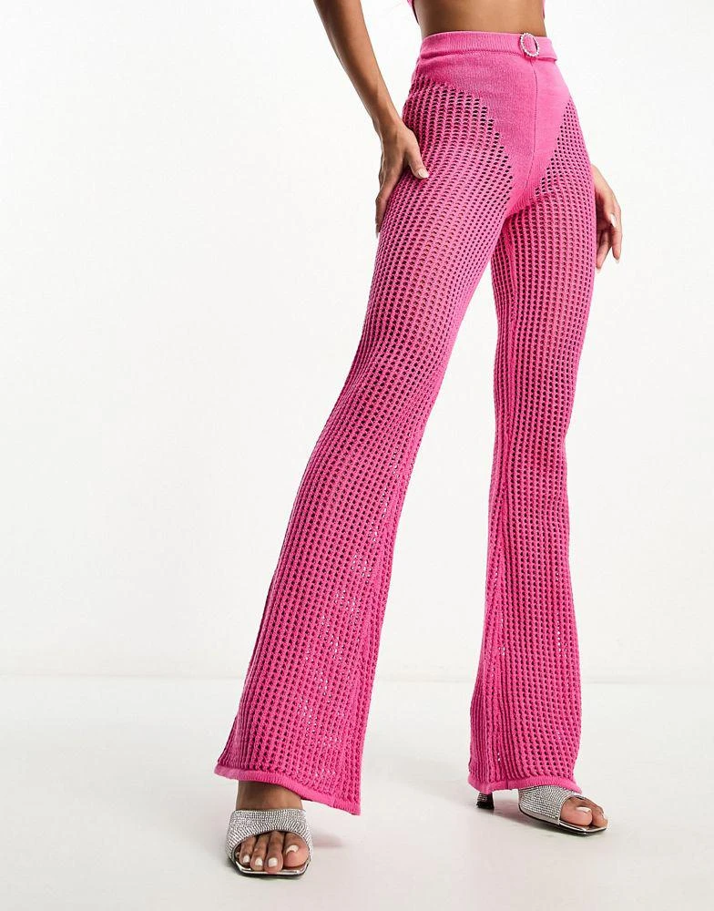 商品AsYou|ASYOU knitted crochet flare trouser co-ord with diamante trim in pink,价格¥144,第4张图片详细描述