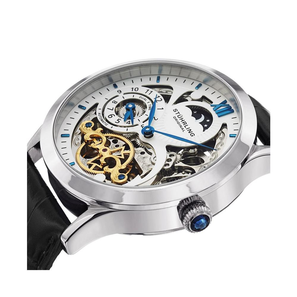 Original Stainless Steel Case on Black Alligator Embossed Genuine Leather Strap, White Skeletonized Dial, With Blue, Gold Tone, and Black Accents商品第2张图片规格展示