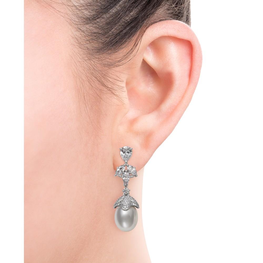 Cultured Freshwater Pearl (9-10mm) & Cubic Zirconia Drop Earrings in Sterling Silver, Created for Macy's商品第3张图片规格展示