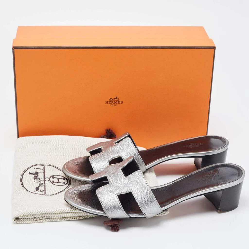 Hermes Sliver Leather Oasis Block Heel Slide Sandals Size 37 商品