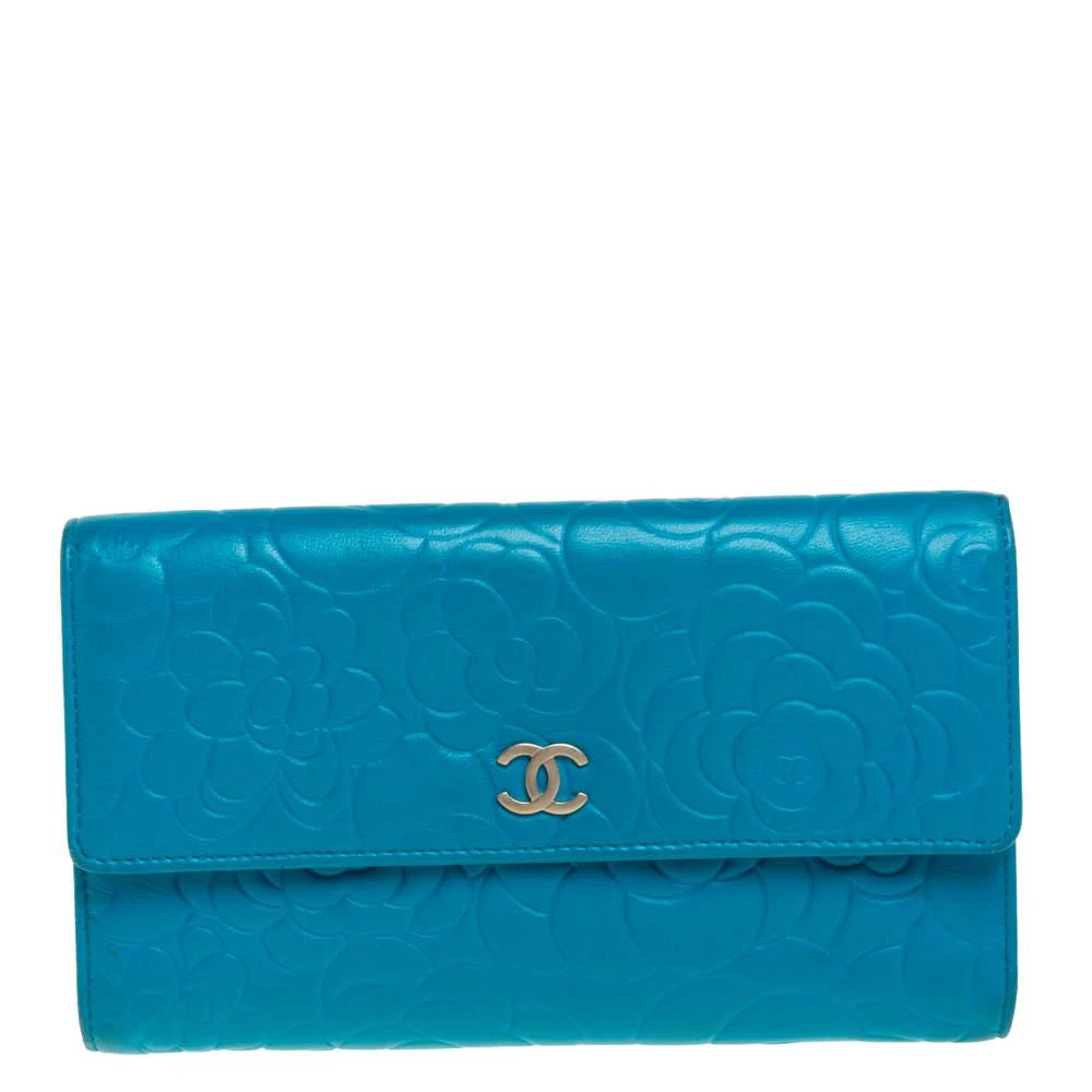 商品[二手商品] Chanel|Chanel Turquoise Camellia Embossed Leather Wallet,价格¥3349,第1张图片