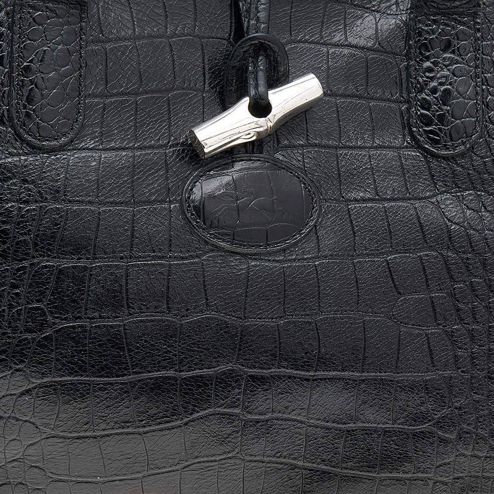 商品[二手商品] Longchamp|Longchamp Black Glaze Croc Embossed Leather Roseau Tote,价格¥1439,第5张图片详细描述