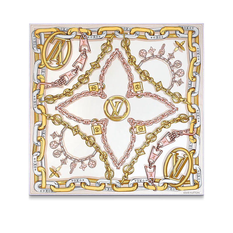 商品Louis Vuitton|预订款1个月 路易威登 BEJEWELED 90系列 女士米色桑蚕丝链带锁扣印花方巾丝巾M77655,价格¥4315,第1张图片