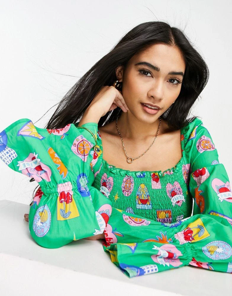 商品Never Fully Dressed|Never Fully Dressed Fruit Sticker shirred midi dress in green,价格¥361,第3张图片详细描述