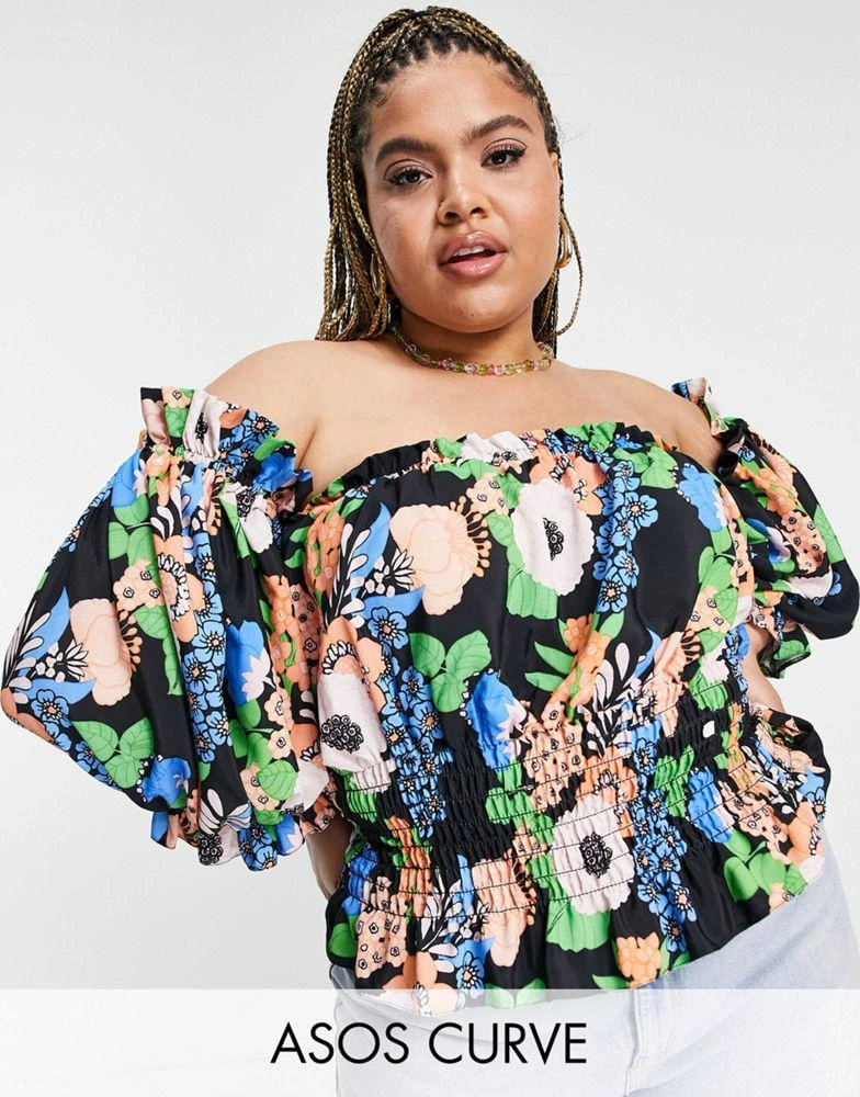 商品ASOS|ASOS DESIGN Curve bardot top with shirring in floral print,价格¥168,第1张图片
