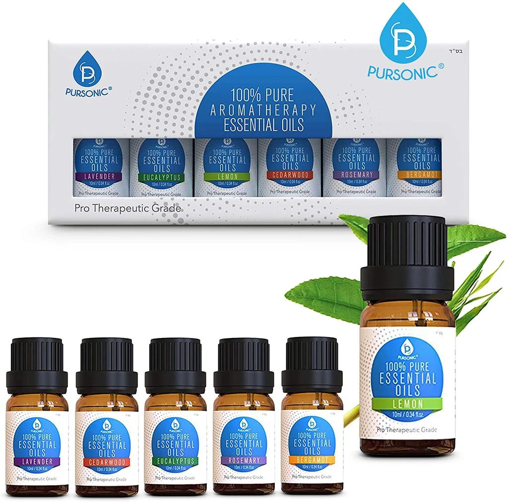 商品PURSONIC|100% Pure Essential Aromatherapy Oils Gift Set-6 Pack , 10ML(Bergamot, Cedarwood, Eucalyptus, Lavender, Lemon, Rosemary.),价格¥128,第2张图片详细描述