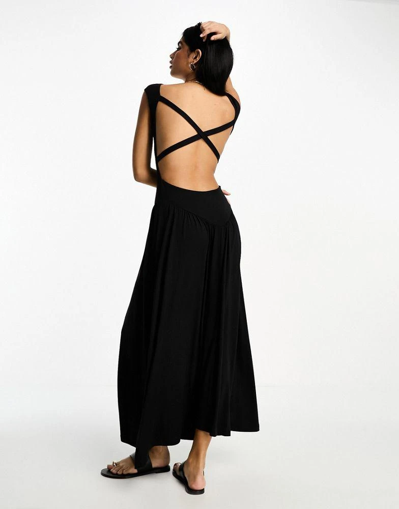 商品ASOS|ASOS DESIGN crossed back capped sleeve midi dress with volume skirt in black,价格¥205,第2张图片详细描述