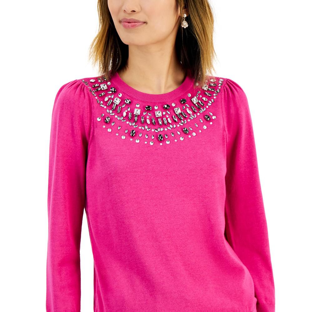 Petite Embellished-Neckline Sweater, Created for Macy's商品第3张图片规格展示