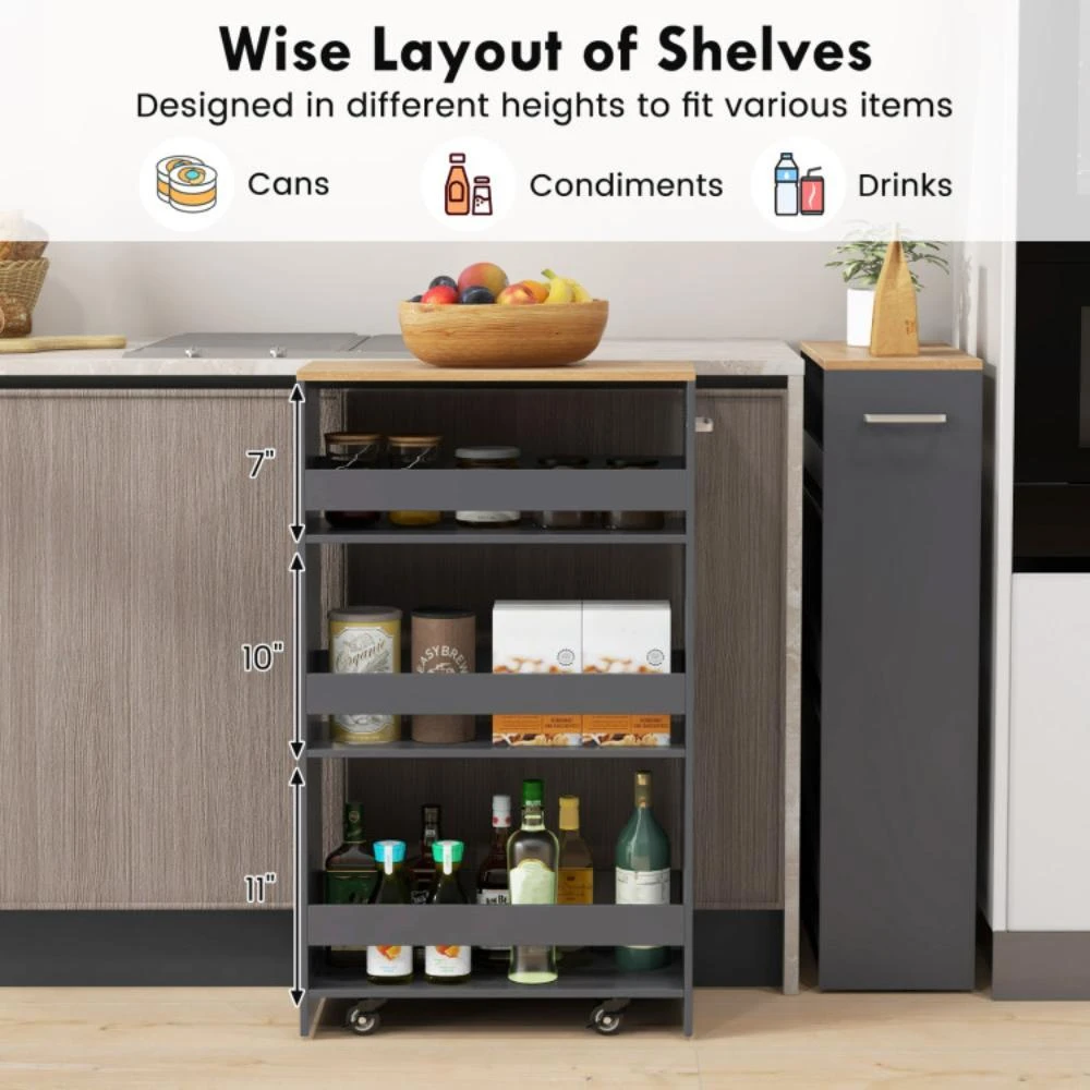 商品Hivvago|4-Tier Rolling Storage Cart Slim Kitchen Cart on Wheels with Open Shelves and Handle-Gray,价格¥614,第5张图片详细描述