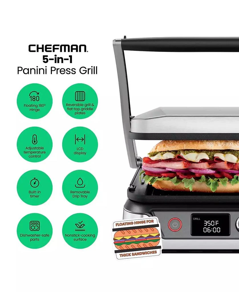 商品Chefman|5 in 1 Panini Press Grill w/ Reversable Non-Stick Plates, Opens Flat,价格¥969,第2张图片详细描述